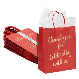 24-Pack 8x4x10-Inch Red Gift Bags with Gold Foil Script, Medium-Sized Thank You Bags with Handles and 24 Sheets White Tissue Paper