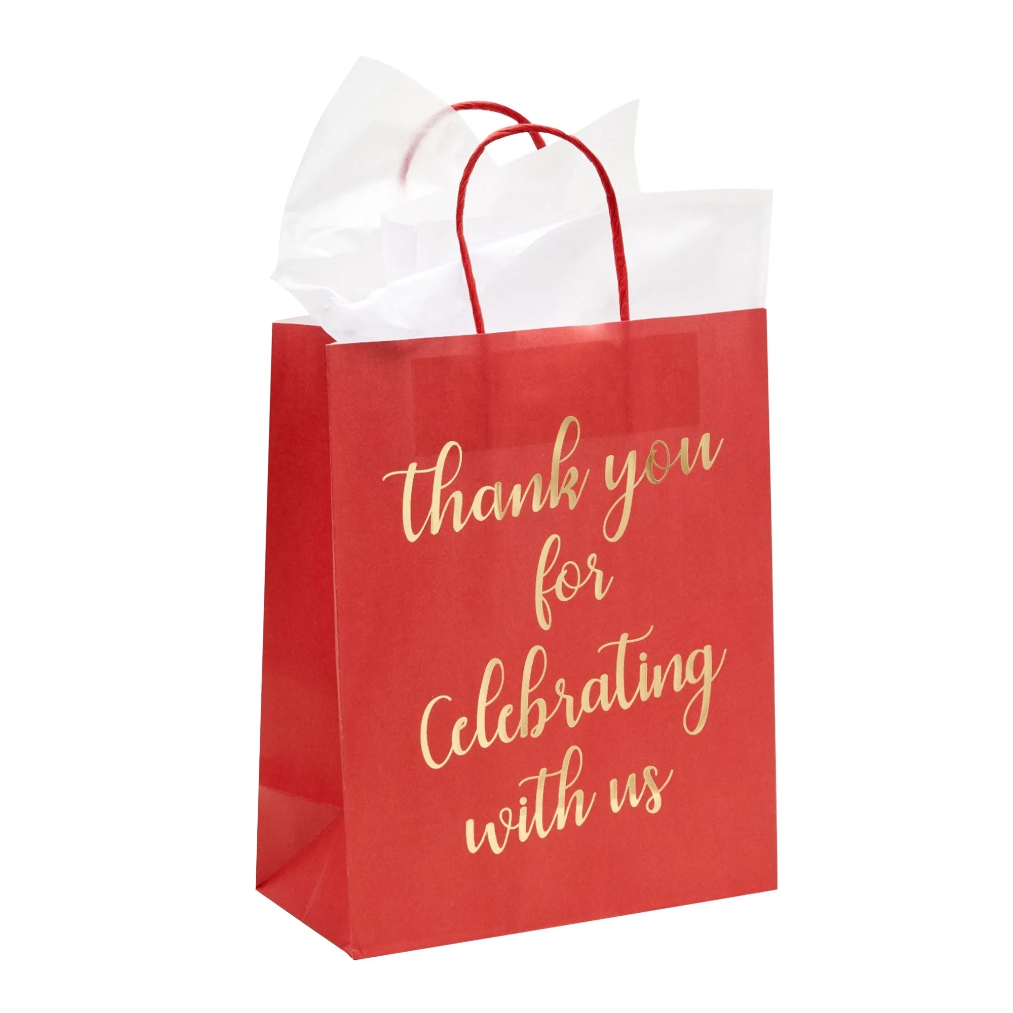 24-Pack 8x4x10-Inch Red Gift Bags with Gold Foil Script, Medium-Sized Thank You Bags with Handles and 24 Sheets White Tissue Paper