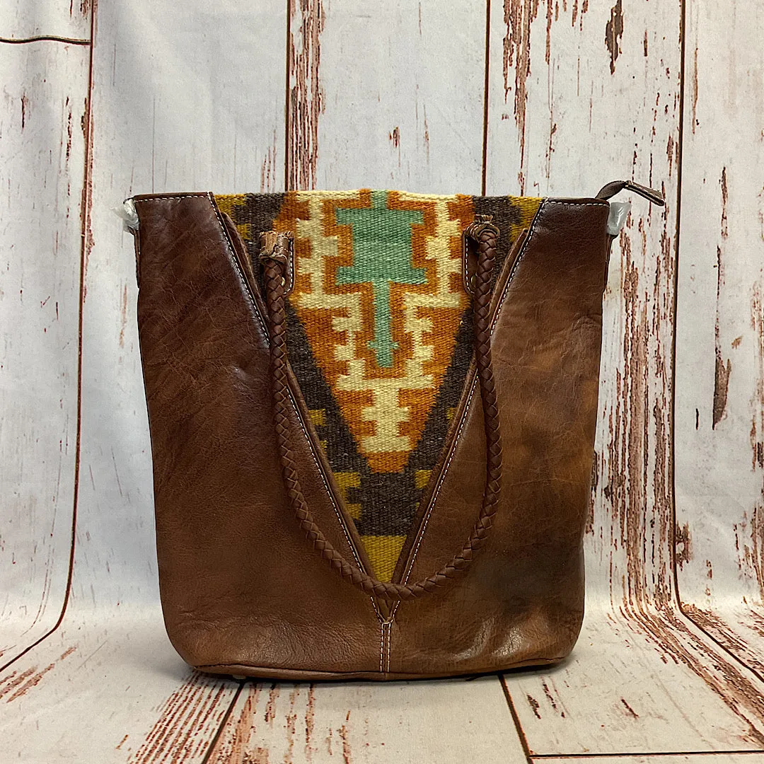 American Darling - Brown Leather with Wool Aztec Accent Tote Handbag ADBG1047