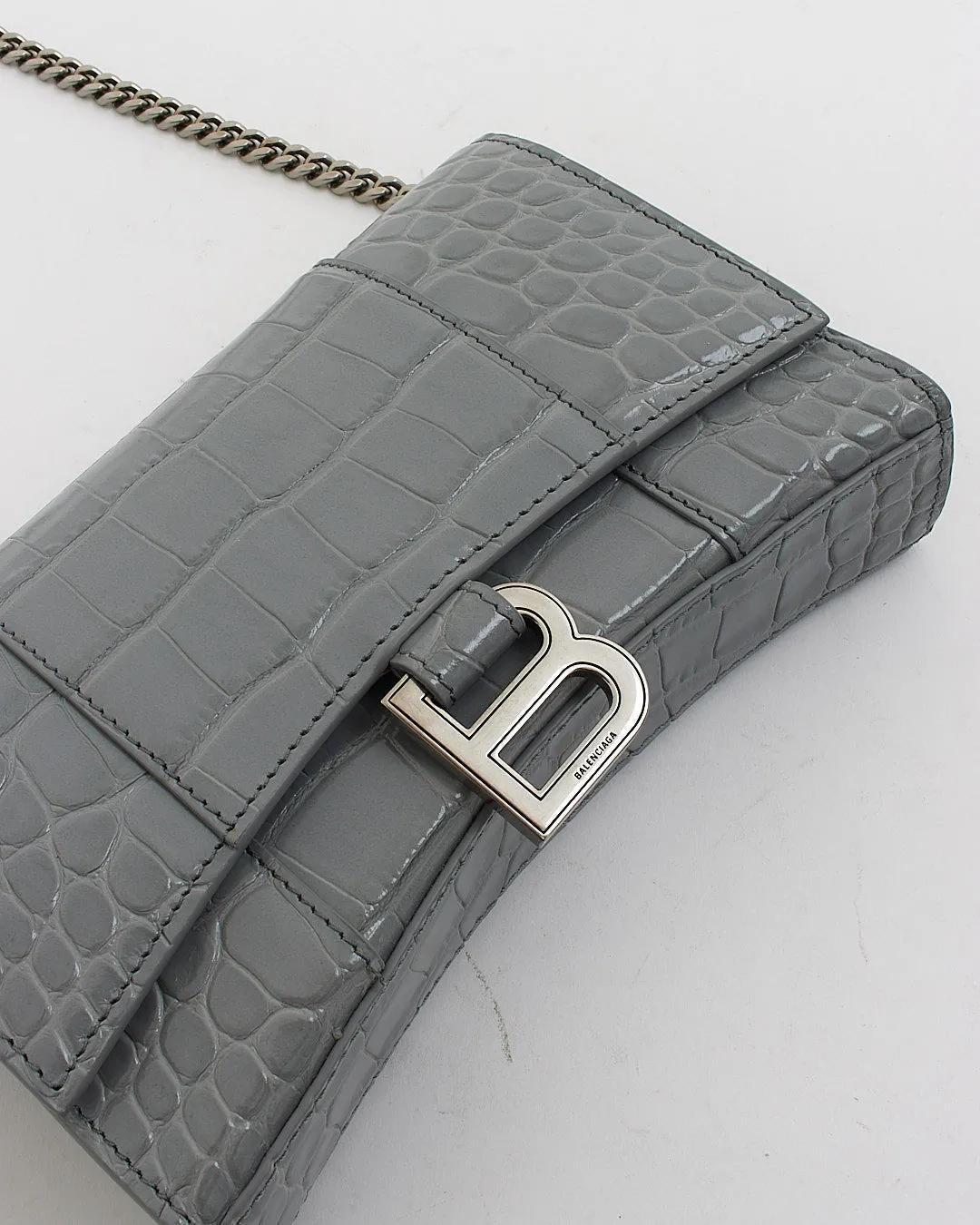 Balenciaga Grey Shiny Croc-Embossed Hourglass Wallet-on-Chain Handbag