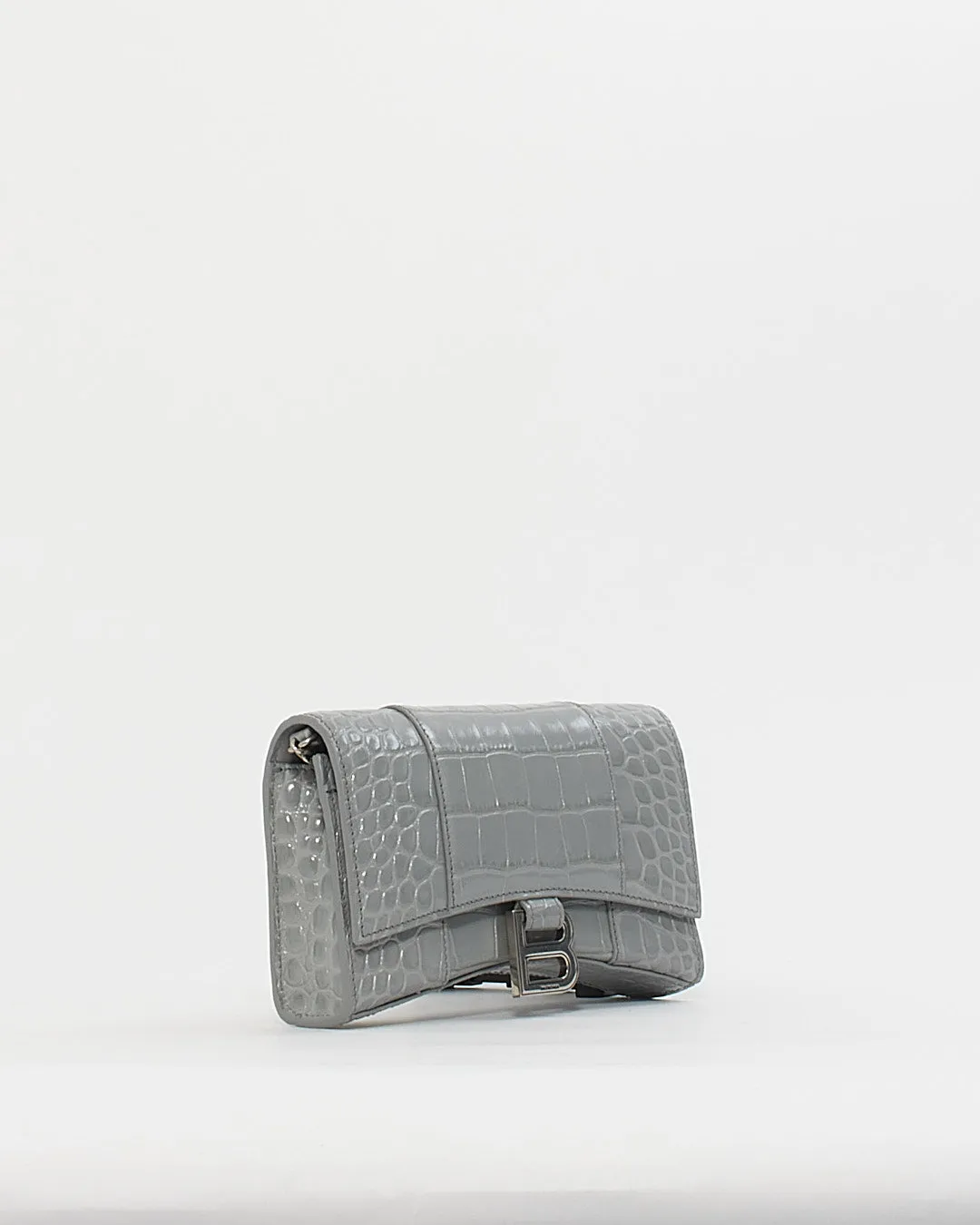 Balenciaga Grey Shiny Croc-Embossed Hourglass Wallet-on-Chain Handbag