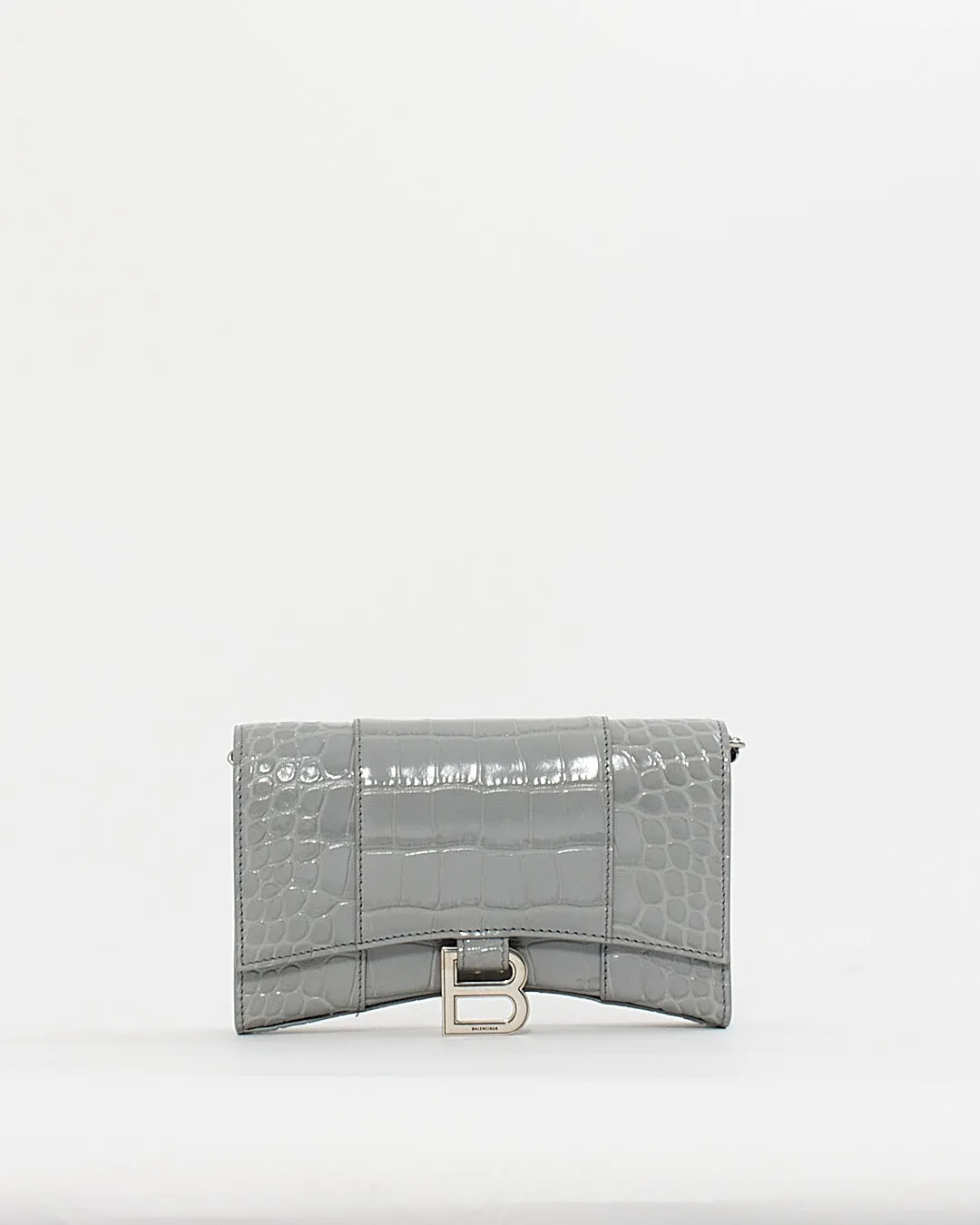 Balenciaga Grey Shiny Croc-Embossed Hourglass Wallet-on-Chain Handbag