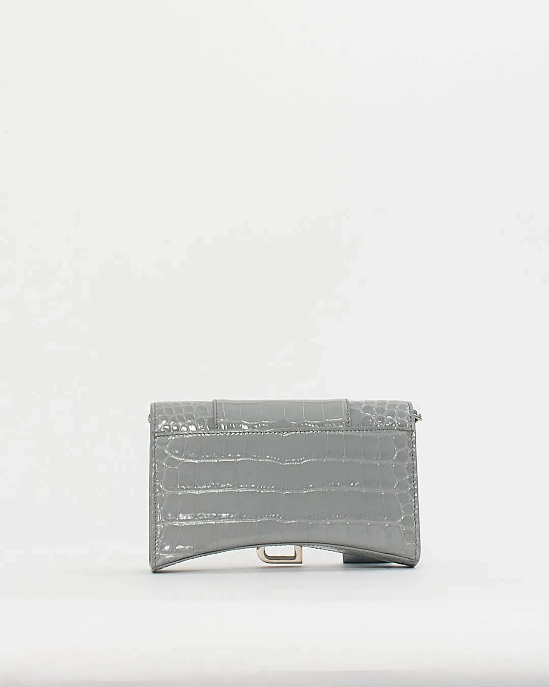 Balenciaga Grey Shiny Croc-Embossed Hourglass Wallet-on-Chain Handbag