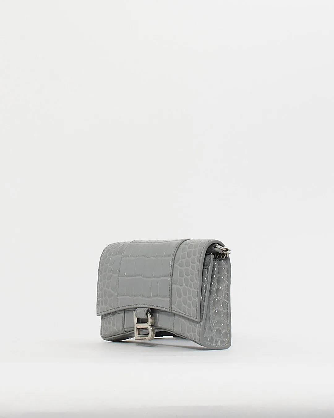 Balenciaga Grey Shiny Croc-Embossed Hourglass Wallet-on-Chain Handbag