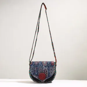 Blue - Handmade Gamcha Fabric Embroiderd Canvas Cotton Sling Bag