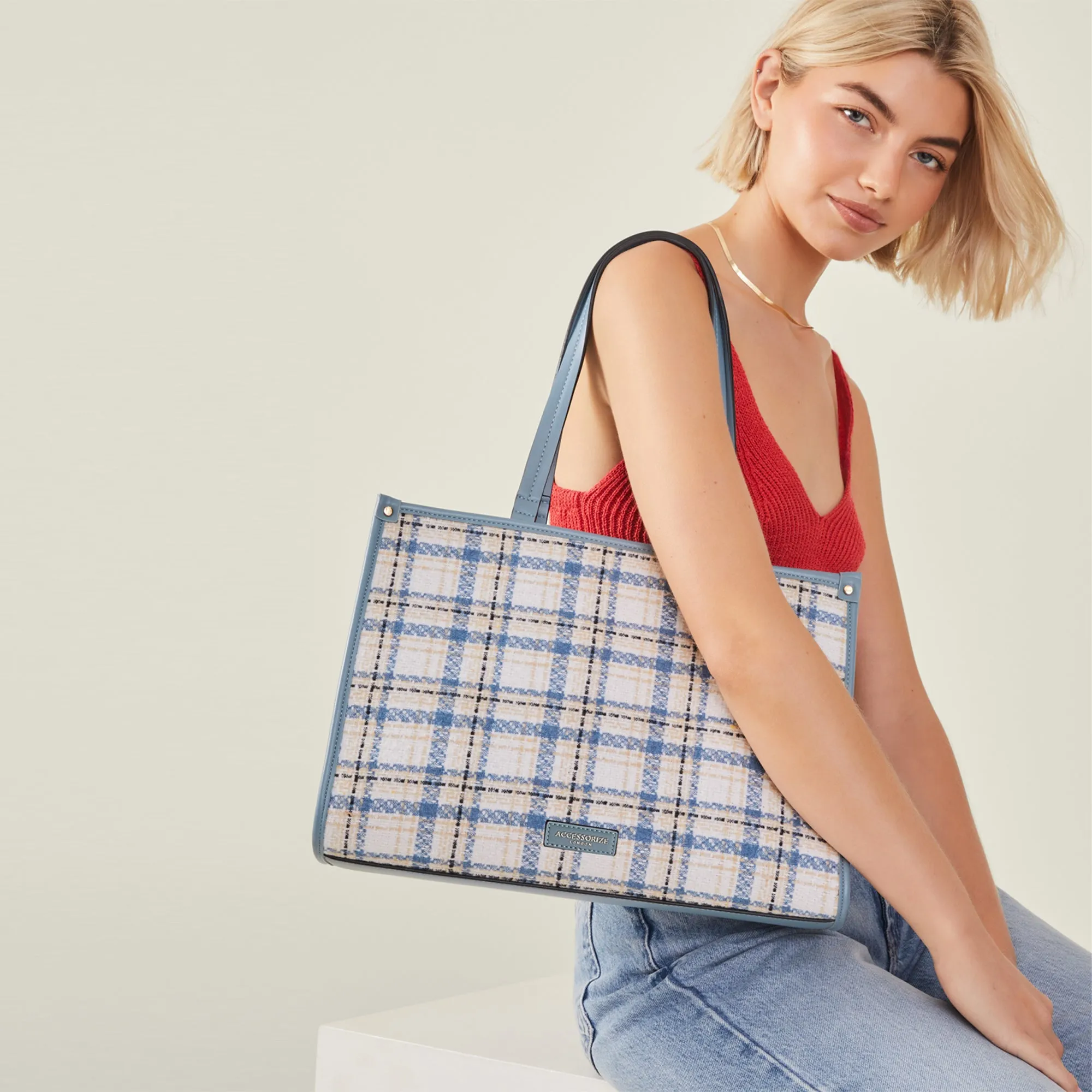 Blue Textile Check Tote Bag