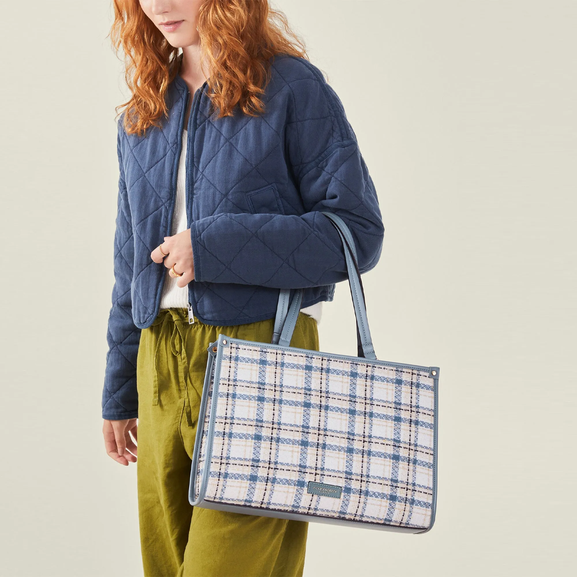 Blue Textile Check Tote Bag