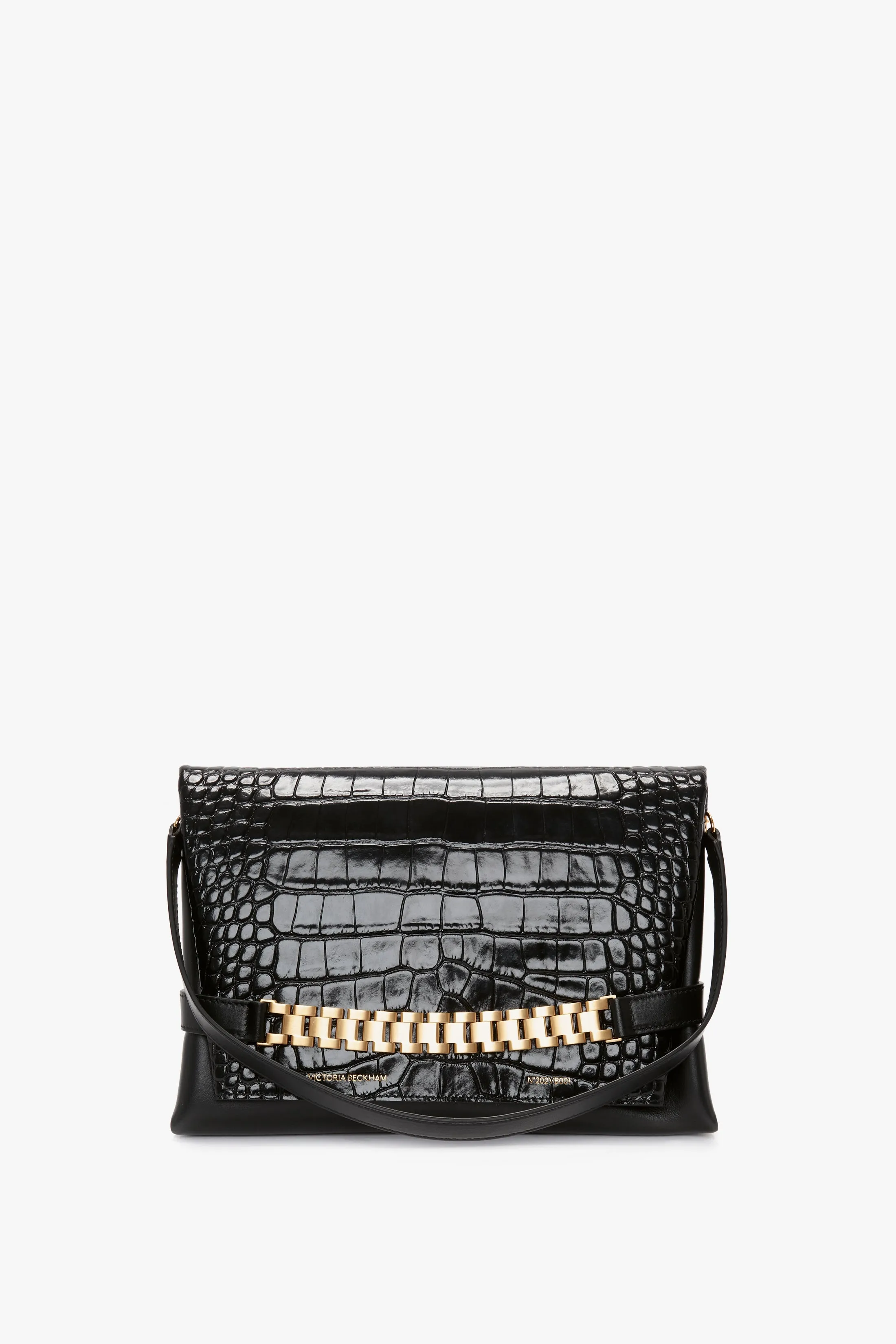 Chain Pouch Bag With Strap In Black Croc Embossed Leather