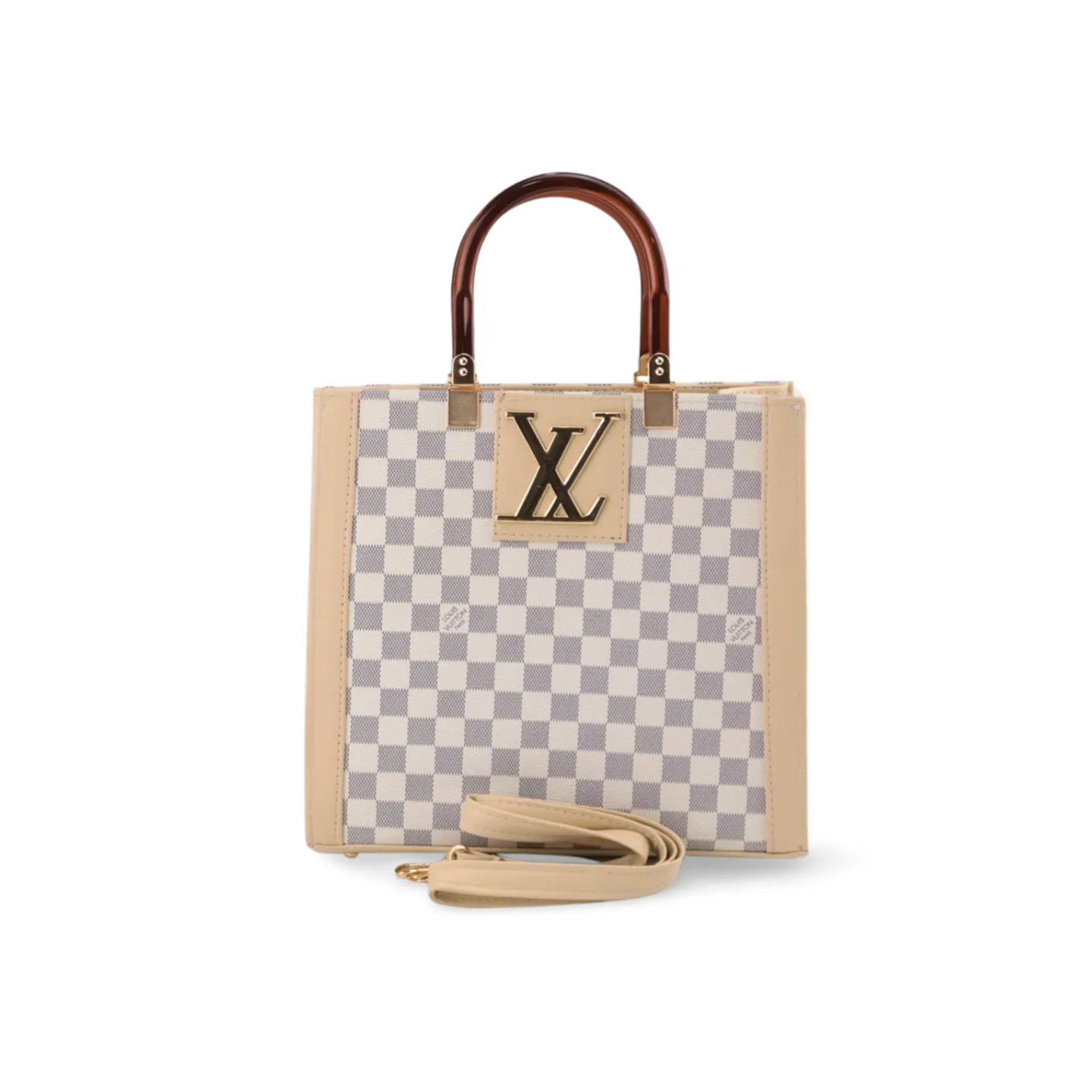 Chic Checkered Tote Bag with Plastic Handles and Strap