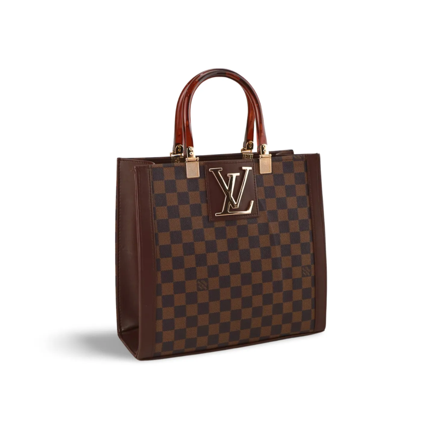 Chic Checkered Tote Bag with Plastic Handles and Strap