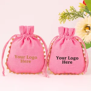 Custom Drawstring Bags Pink Cotton Bags Personalized Logo Name Print Jewelry Packaging Bags Pouches Chic Wedding Favor Bags