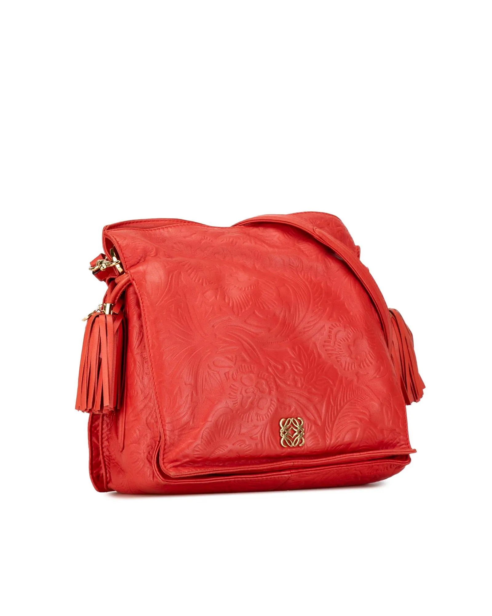 Embossed Leather Flamenco Tassel Crossbody Bag with Snap Closure