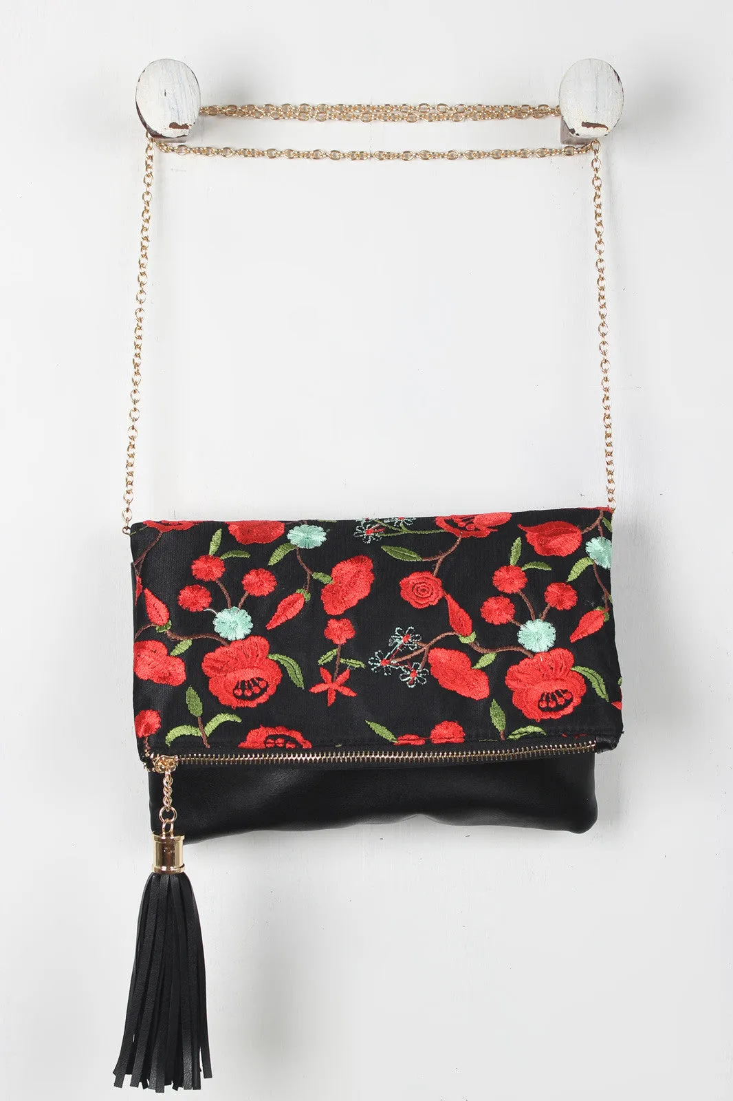 Embroidered Floral Tassel Flap Clutch Bag