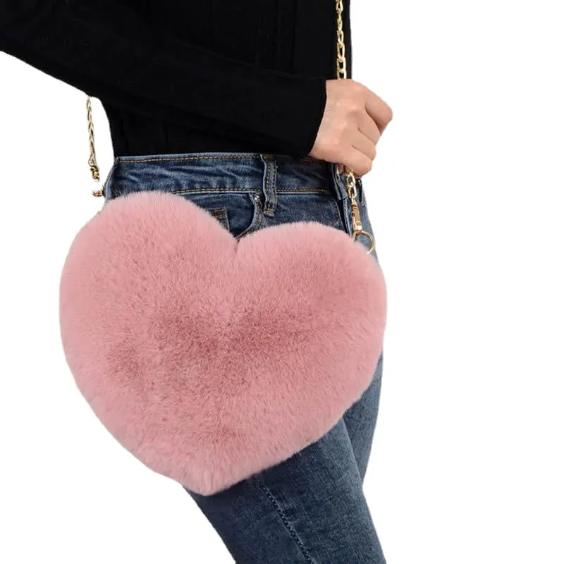 Fashion Women's Heart Shaped Handbags Cute Kawaii Faux Fur Crossbody Bags Wallet Purse Chain Shoulder Bag Lady Handbag