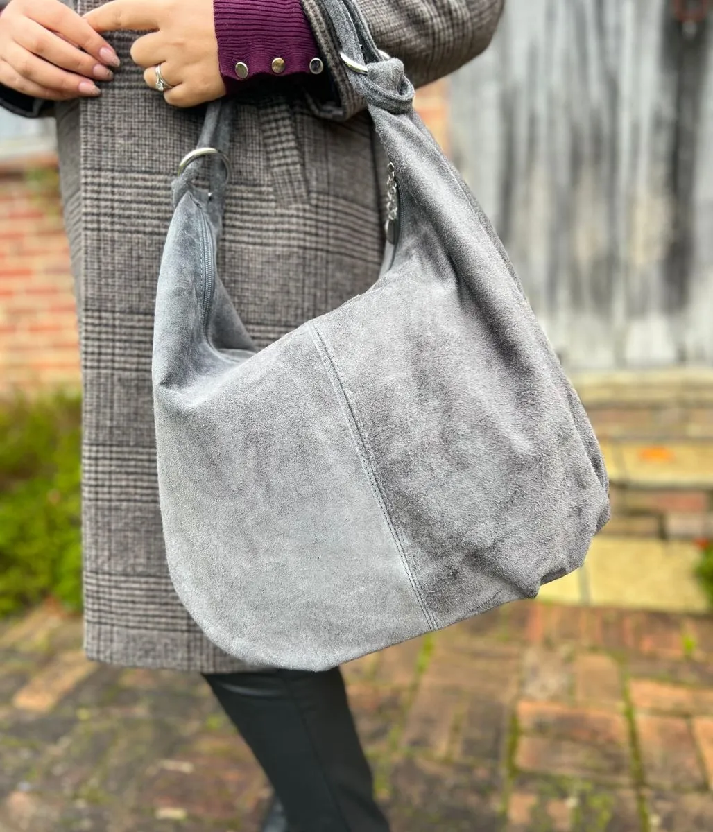 Grey Suede Zipped Tote Bag