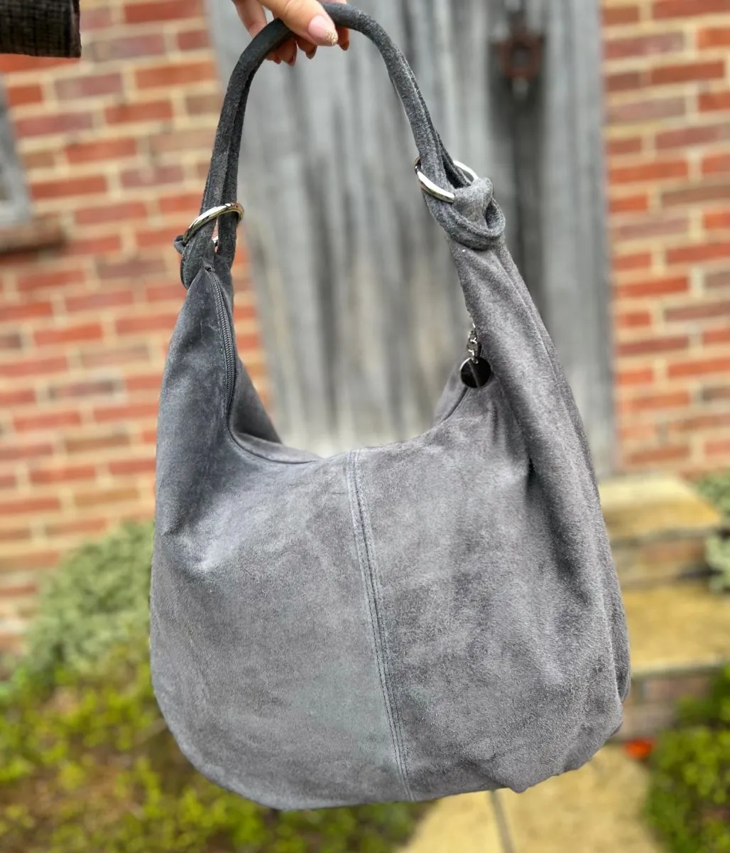 Grey Suede Zipped Tote Bag