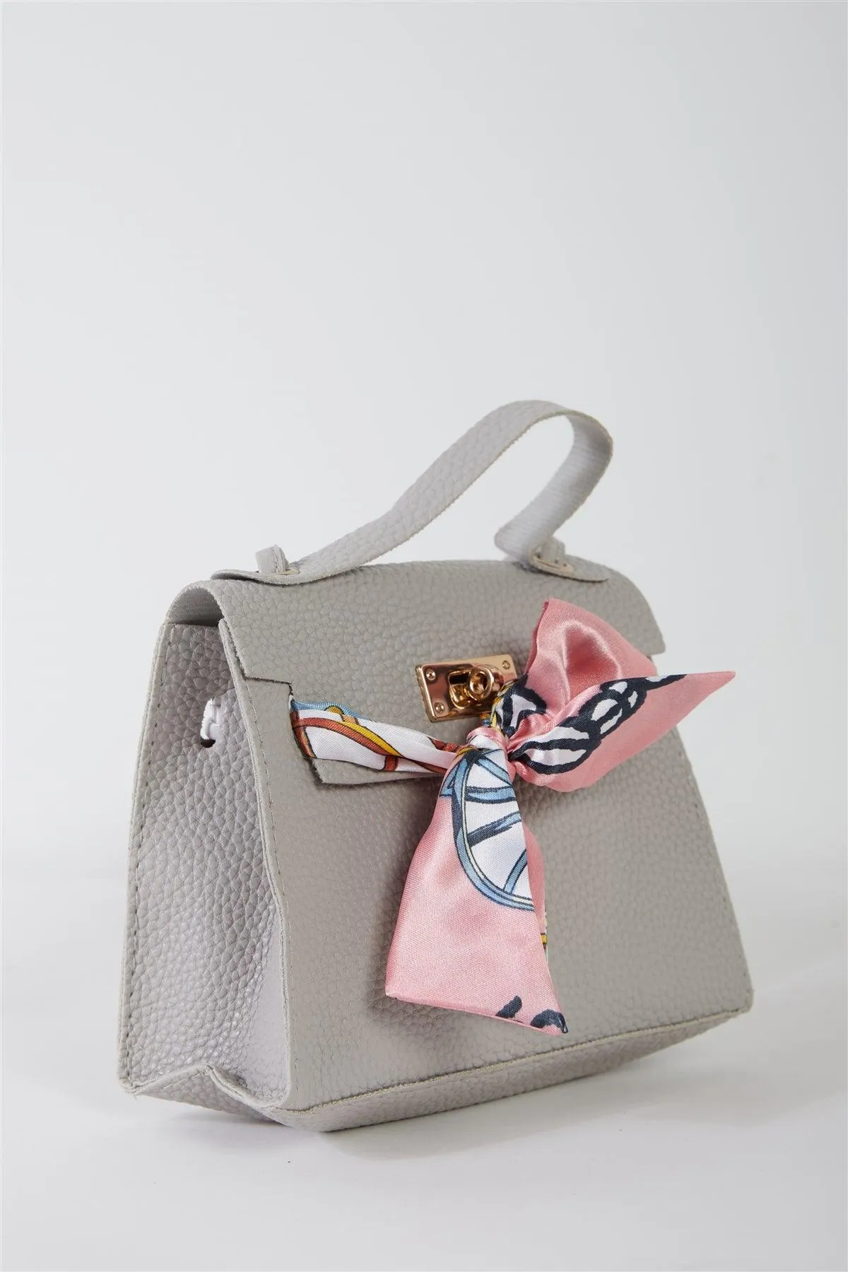 Grey Textured Pleather Satin Printed Twilly Scarf Detail Flap Satchel Handbag /3 Bags