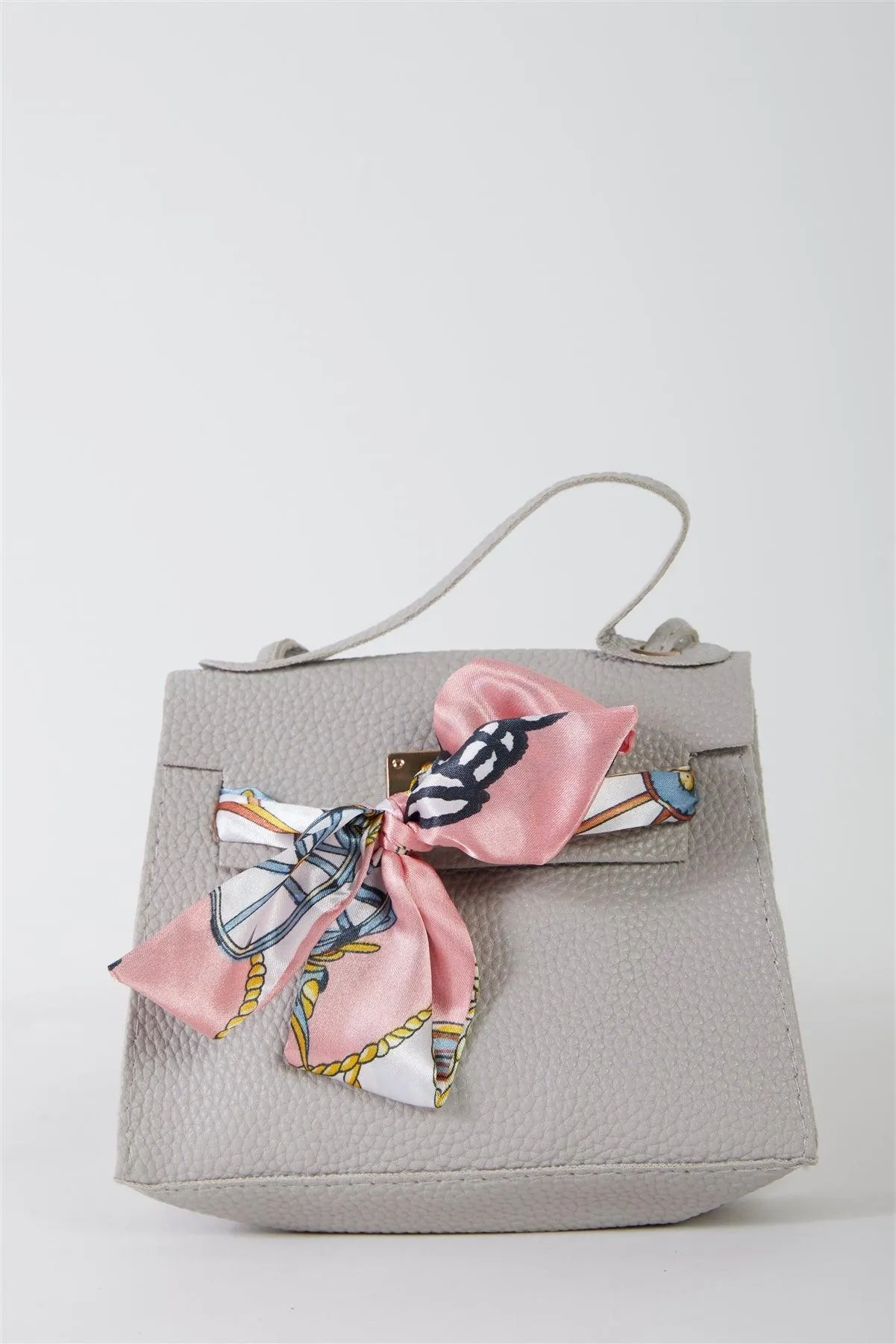 Grey Textured Pleather Satin Printed Twilly Scarf Detail Flap Satchel Handbag /3 Bags