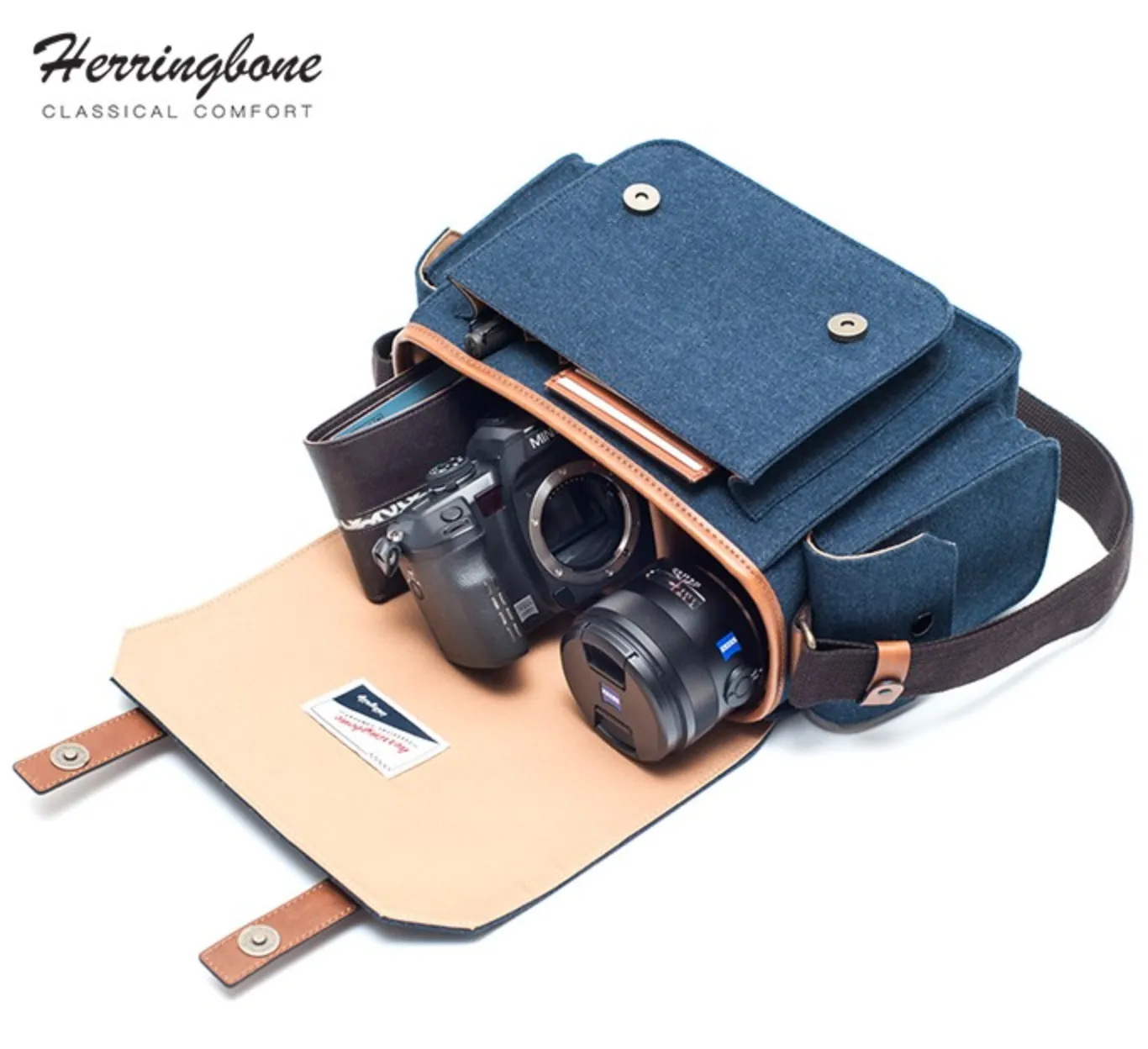 Herringbone PapasPocket Messenger Camera Bag - Medium Navy Blue