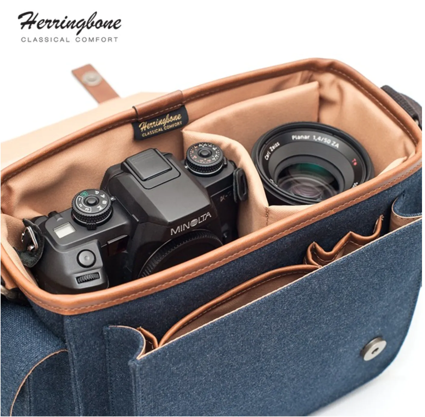 Herringbone PapasPocket Messenger Camera Bag - Medium Navy Blue