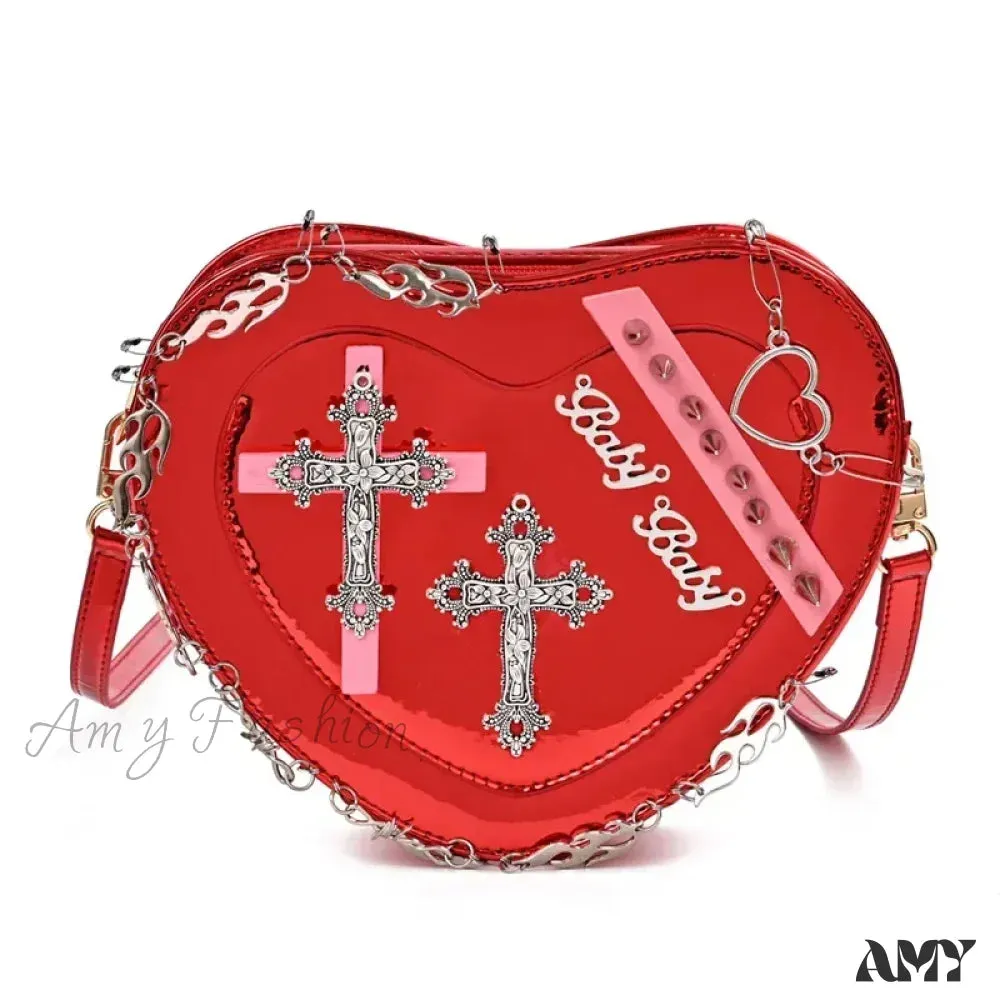 Metal Punk Shoulder Crossbody Heart-Shaped Leather Gothic Decoration Bag