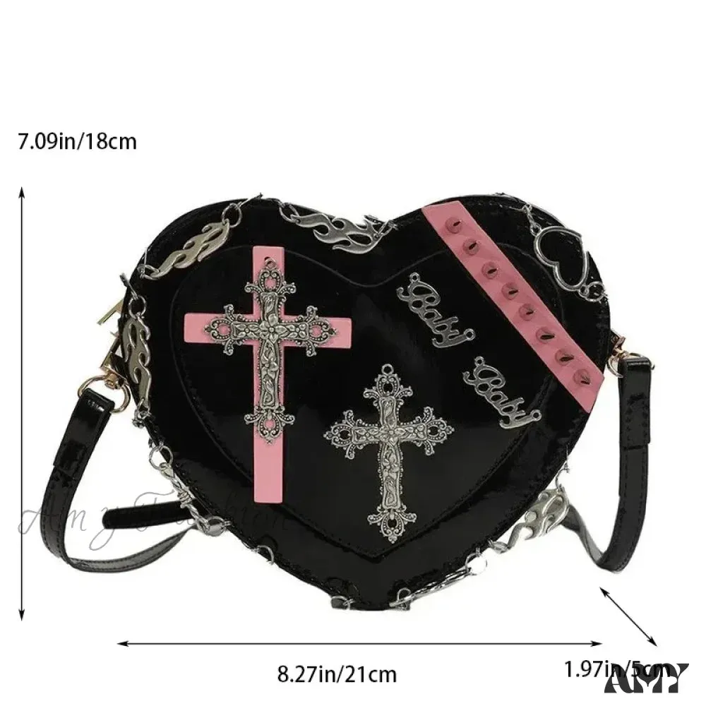 Metal Punk Shoulder Crossbody Heart-Shaped Leather Gothic Decoration Bag