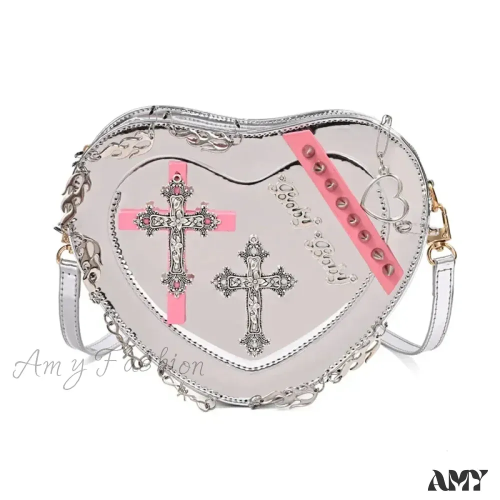 Metal Punk Shoulder Crossbody Heart-Shaped Leather Gothic Decoration Bag