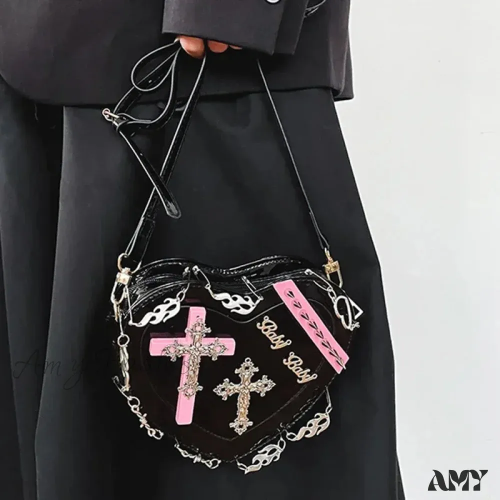 Metal Punk Shoulder Crossbody Heart-Shaped Leather Gothic Decoration Bag