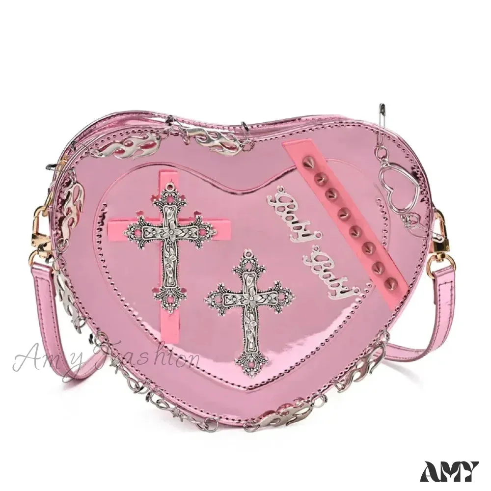 Metal Punk Shoulder Crossbody Heart-Shaped Leather Gothic Decoration Bag