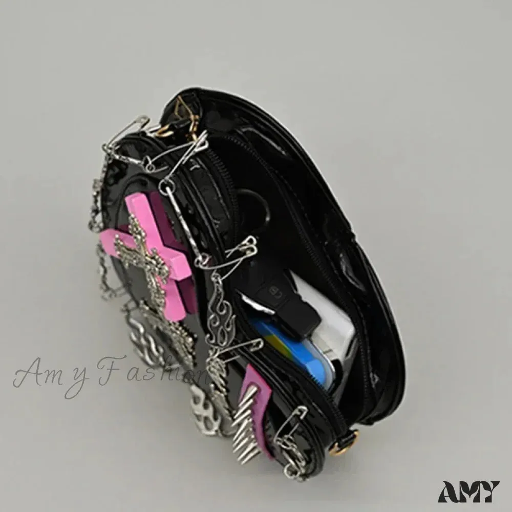 Metal Punk Shoulder Crossbody Heart-Shaped Leather Gothic Decoration Bag