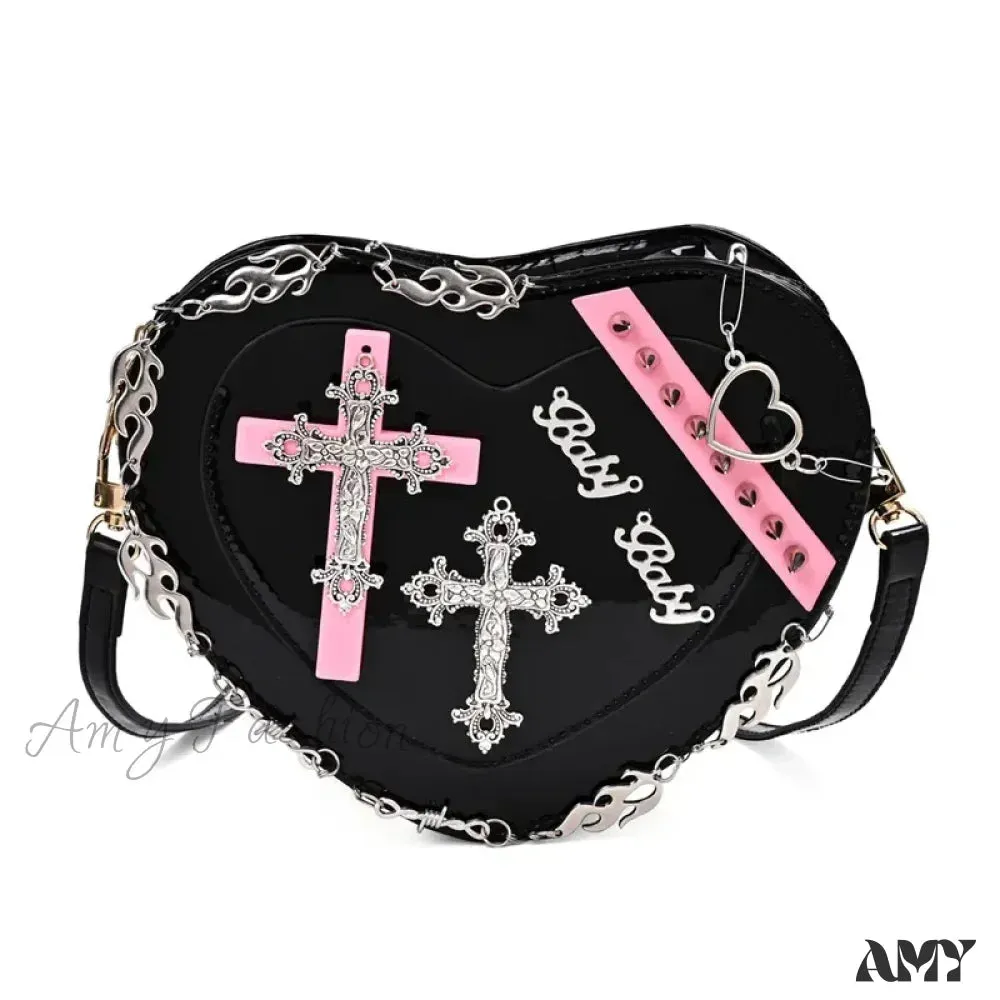 Metal Punk Shoulder Crossbody Heart-Shaped Leather Gothic Decoration Bag