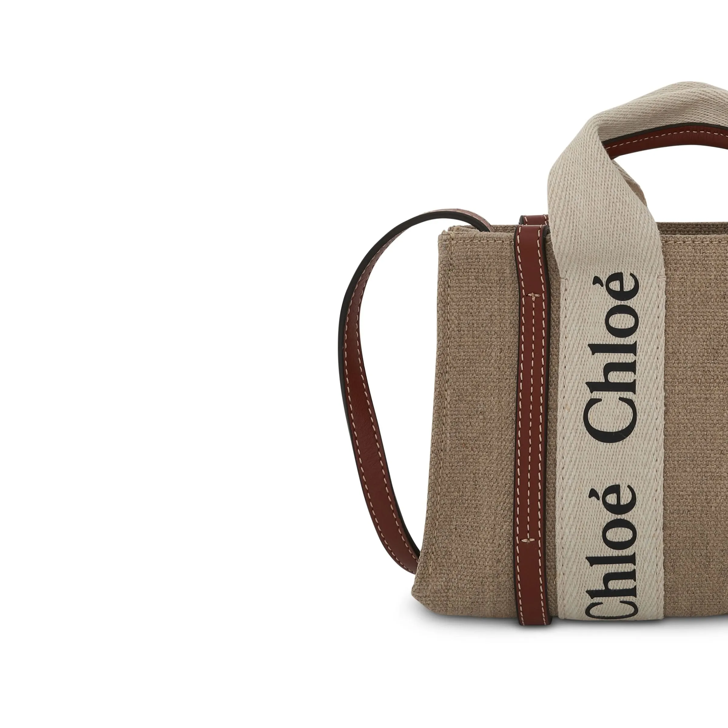 Mini Woody Tote Bag with Strap in White/Brown