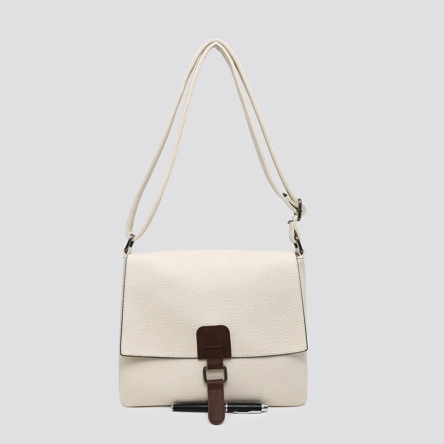 Plain Medium Messenger Style Crossbody Bag With Brown Trim (5 Colours)