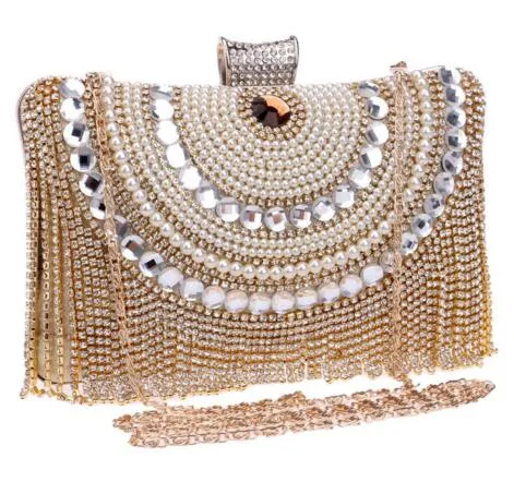 Polyester Rhinestones Diamonds And Beaded Metal Tassel Wedding Bag