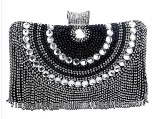 Polyester Rhinestones Diamonds And Beaded Metal Tassel Wedding Bag