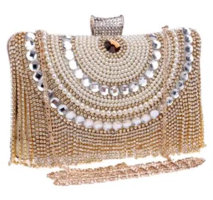 Polyester Rhinestones Diamonds And Beaded Metal Tassel Wedding Bag