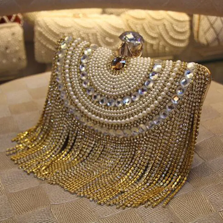 Polyester Rhinestones Diamonds And Beaded Metal Tassel Wedding Bag