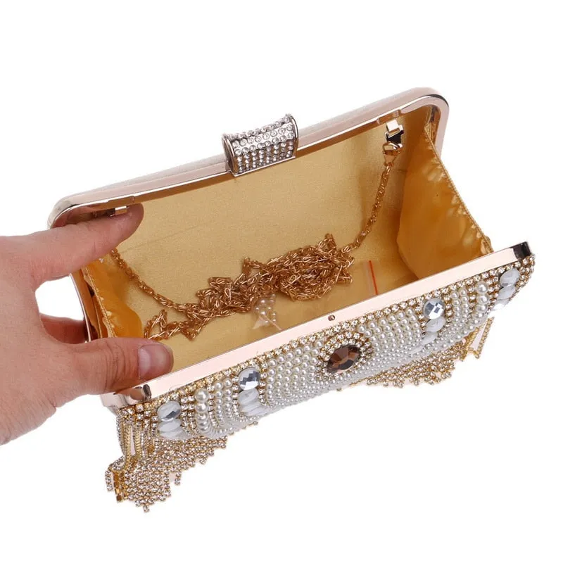 Polyester Rhinestones Diamonds And Beaded Metal Tassel Wedding Bag