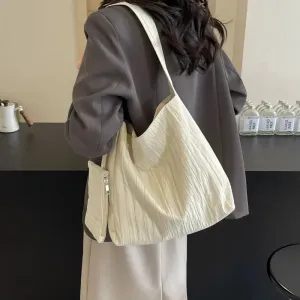 Sohiwoo Low-Key Pure White Women Ruched Shoulder Bag Exquisited Nylon Pretty Versatile Crossbody Leisure Commuter Composite Bag