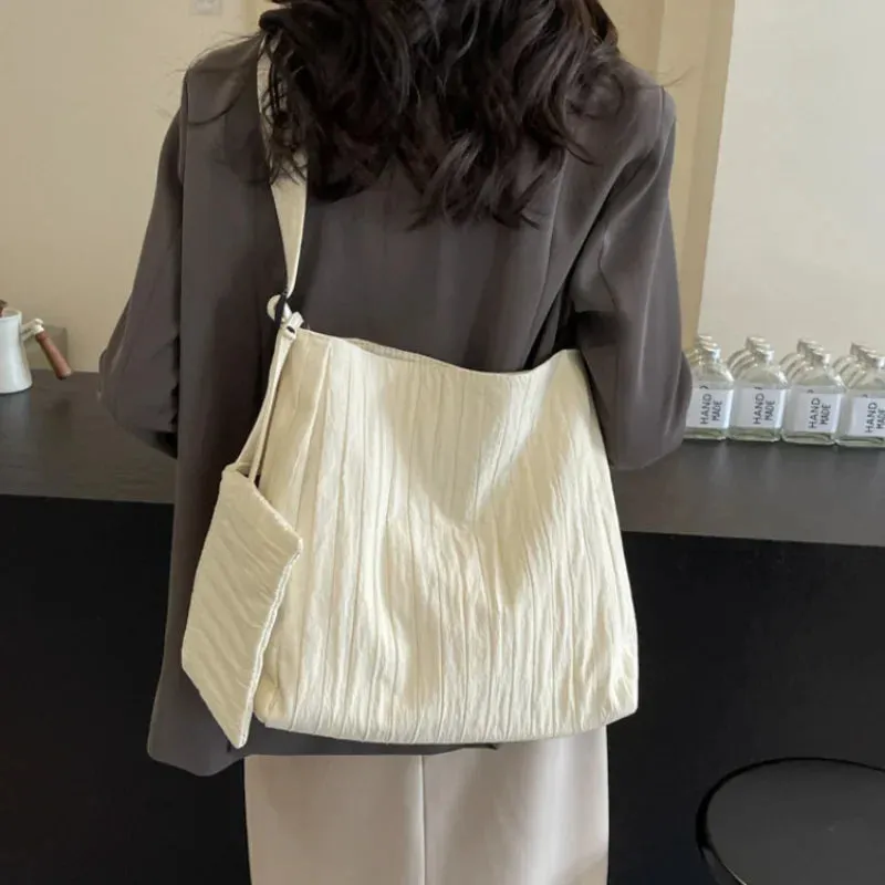 Sohiwoo Low-Key Pure White Women Ruched Shoulder Bag Exquisited Nylon Pretty Versatile Crossbody Leisure Commuter Composite Bag