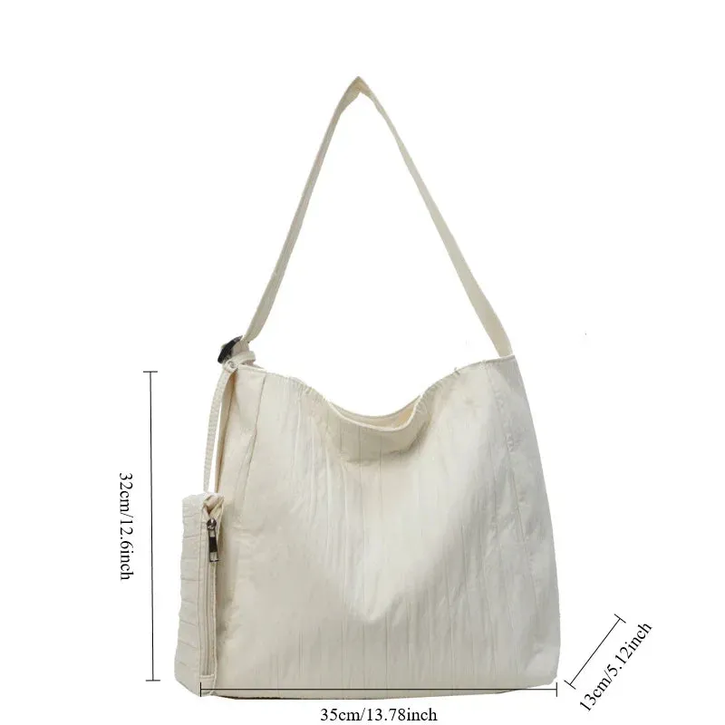 Sohiwoo Low-Key Pure White Women Ruched Shoulder Bag Exquisited Nylon Pretty Versatile Crossbody Leisure Commuter Composite Bag