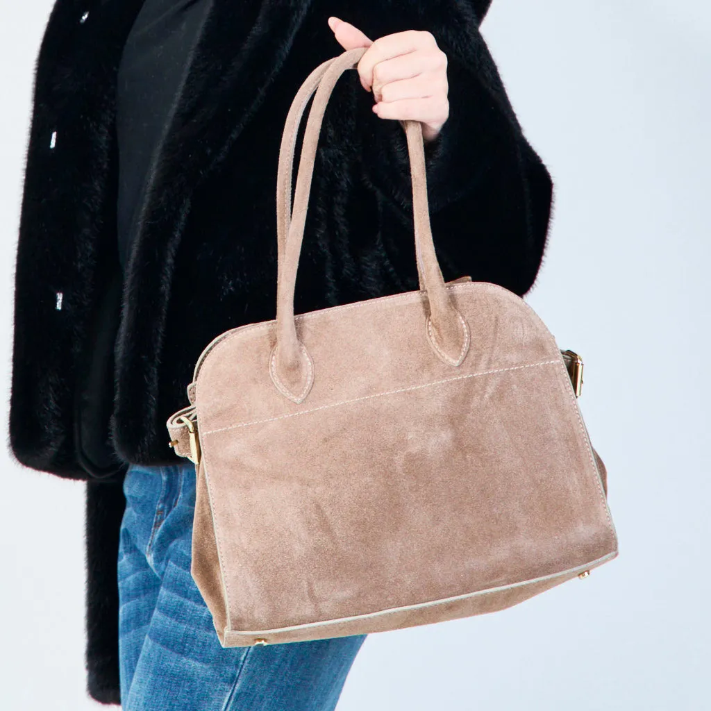 Structured suede handbag with top handles wholesale