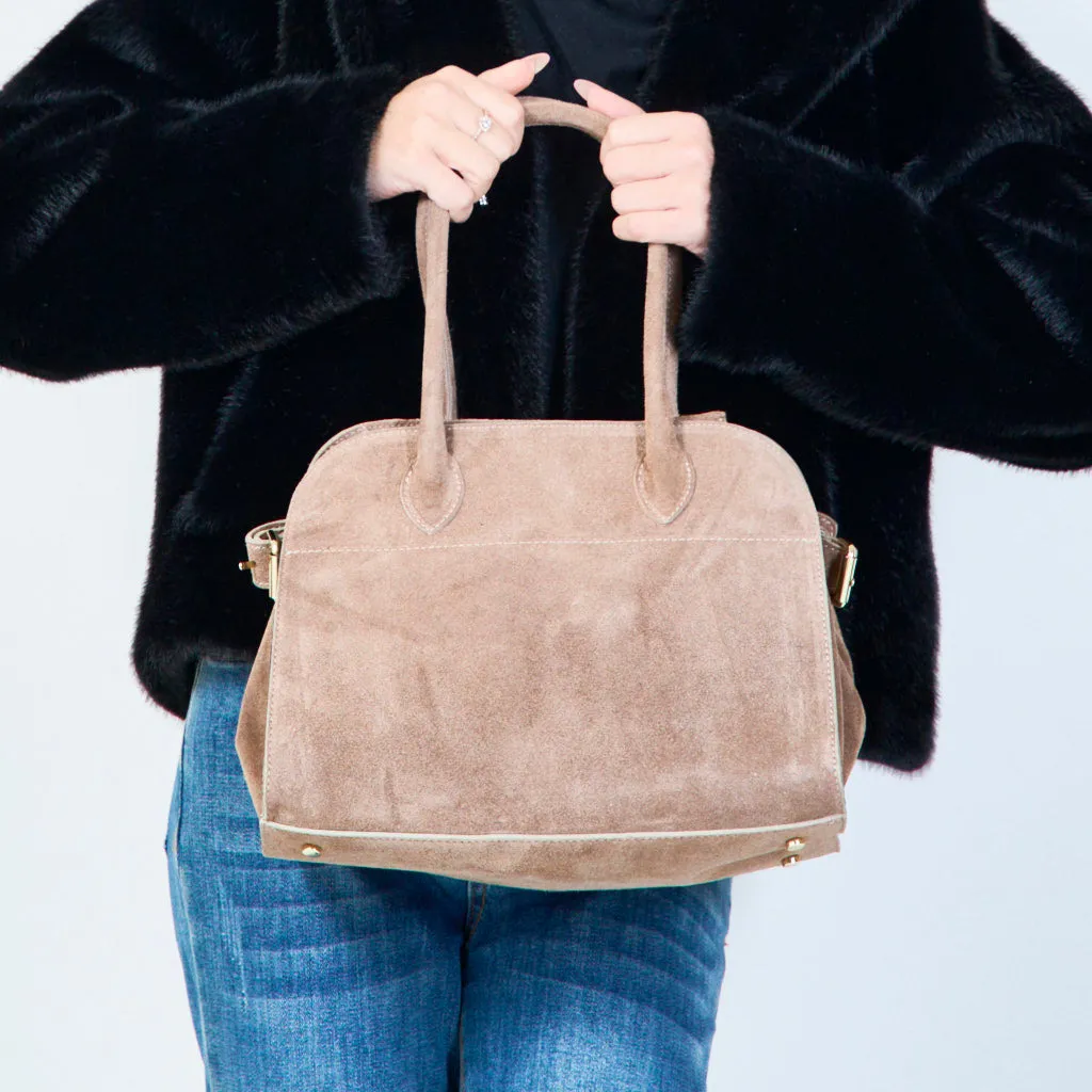 Structured suede handbag with top handles wholesale