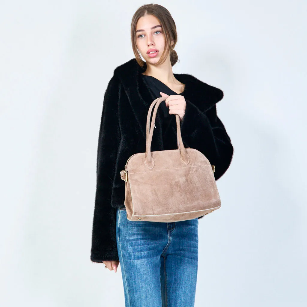 Structured suede handbag with top handles wholesale