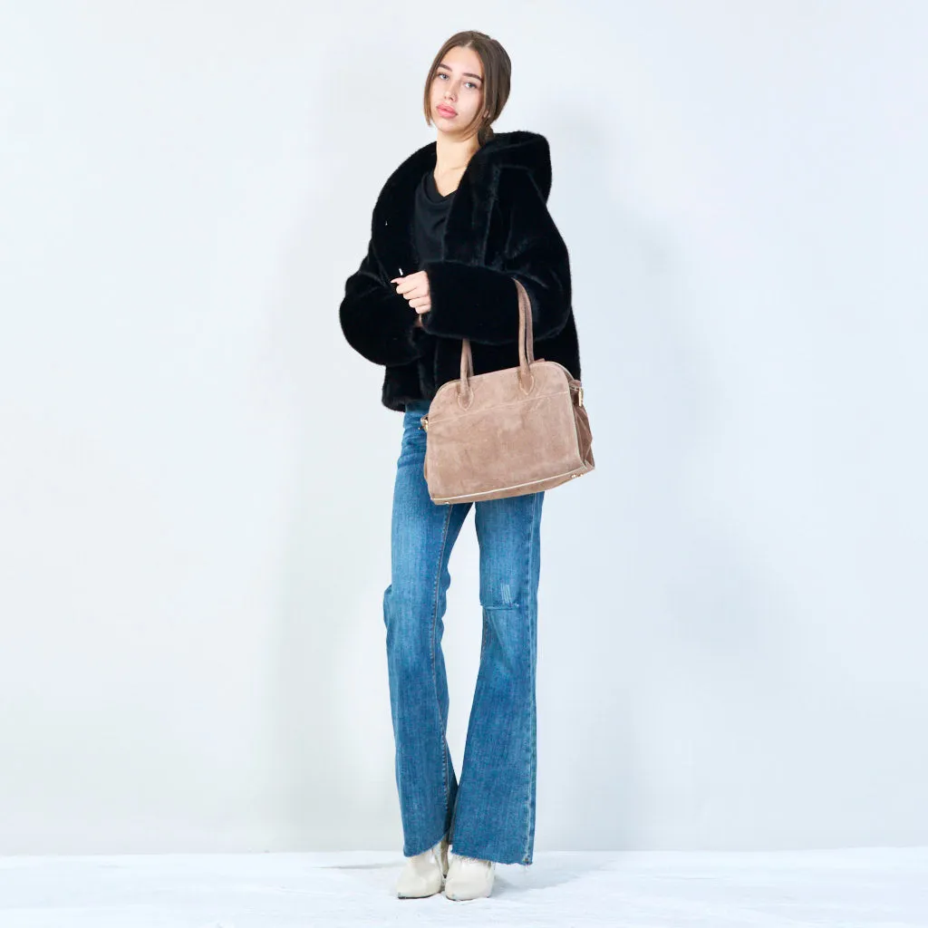 Structured suede handbag with top handles wholesale