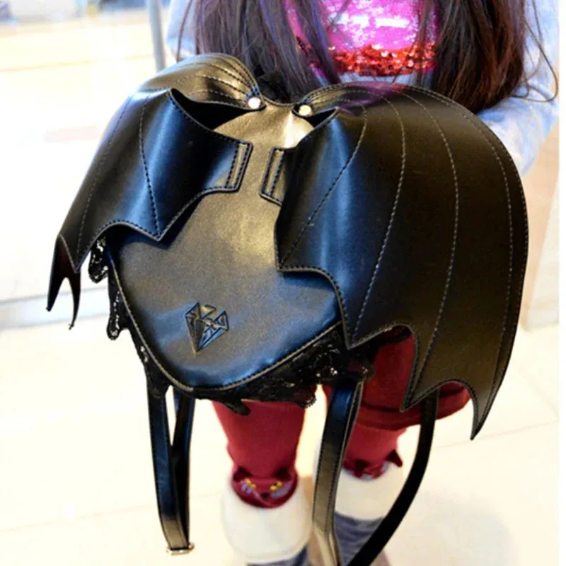 Trendy Daypack Bat PU Shopping Dating Lace Wing Gothic Backpack Bag