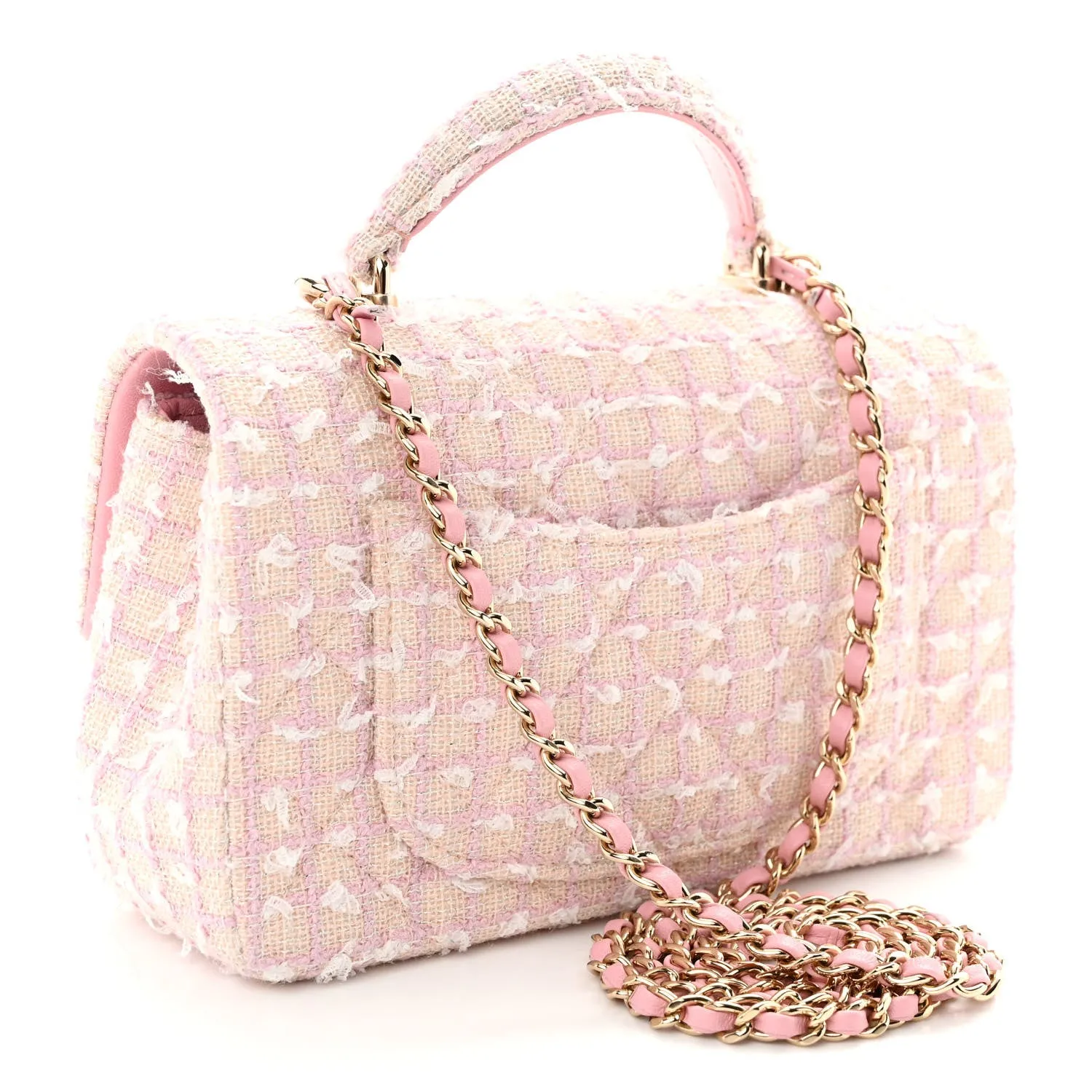 Tweed Quilted Mini Top Handle Rectangular Flap Light Pink