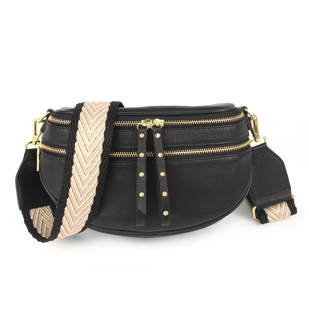 Voyager Double Front Zip Bag - Black with Gold Hardware