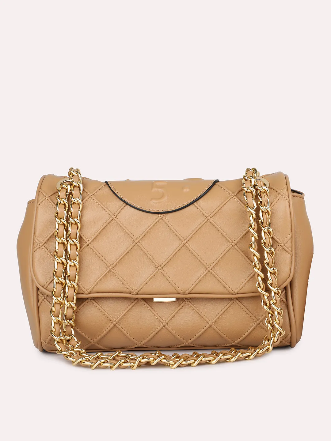 Women Dark Beige Structured Chain Sling Bag with Quilted Texture